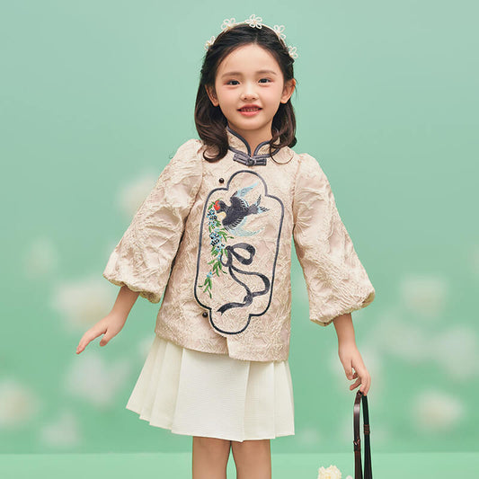 Floral Journey Spring Days and Swallow Jacquard Shirt Top-2 -  NianYi, Chinese Traditional Clothing for Kids