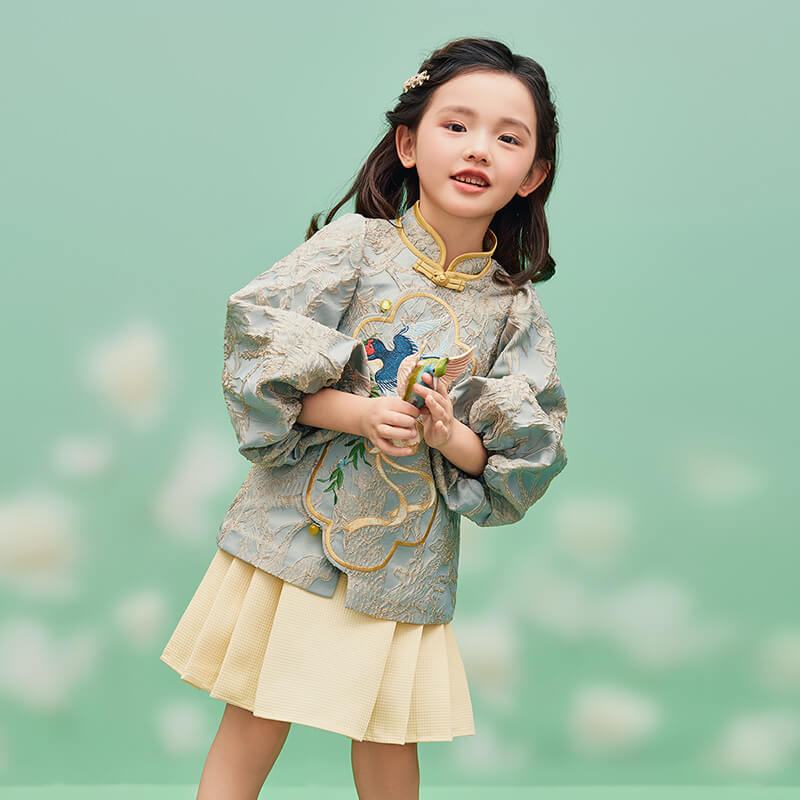 Floral Journey Spring Days and Swallow Jacquard Shirt Top-3 -  NianYi, Chinese Traditional Clothing for Kids