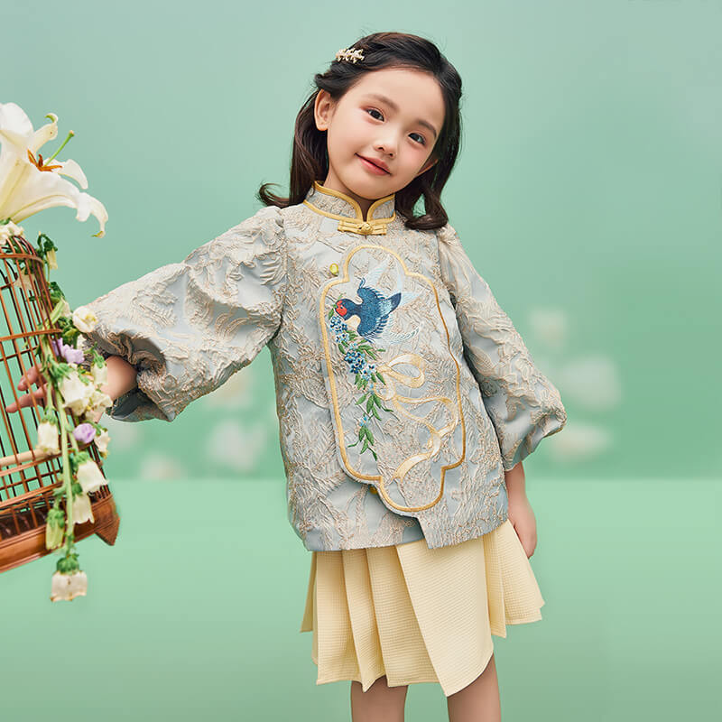 Floral Journey Spring Days and Swallow Jacquard Shirt Top-5-color-Wave Green -  NianYi, Chinese Traditional Clothing for Kids