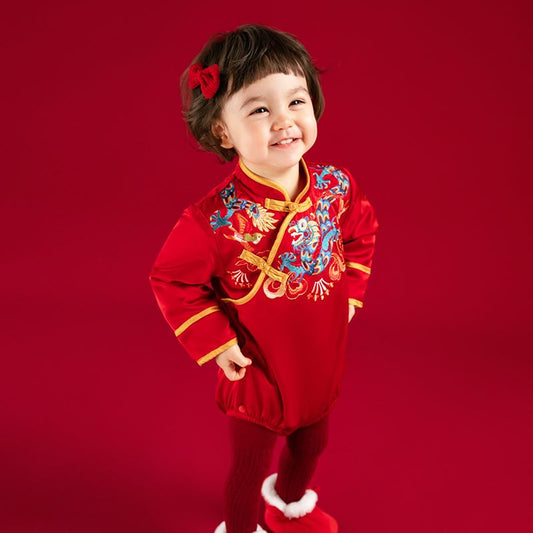 Dragon Long Loong Embroidery Bodysuit-2-color-NianYi Red -  NianYi, Chinese Traditional Clothing for Kids