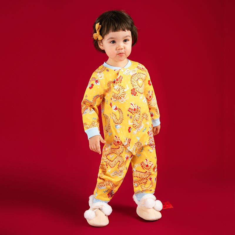 Dragon Long Love and Luck Snap up Sleep and Play Pajamas-3-color-Kwai Fan Yellow -  NianYi, Chinese Traditional Clothing for Kids