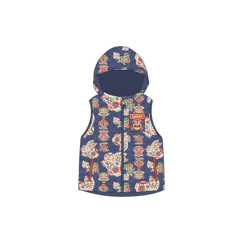 Lucky Bunny Floral Vest-9-color-WBG-Dark Blue -  NianYi, Chinese Traditional Clothing for Kids