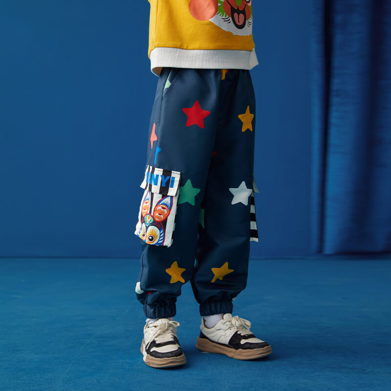 Lucky Bunny Graphic Flap Pocket Side Cargo Work Pants-9 -  NianYi, Chinese Traditional Clothing for Kids