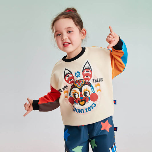 Lucky Bunny Graphic Color Block Pullover Sweatshirt-2 -  NianYi, Chinese Traditional Clothing for Kids