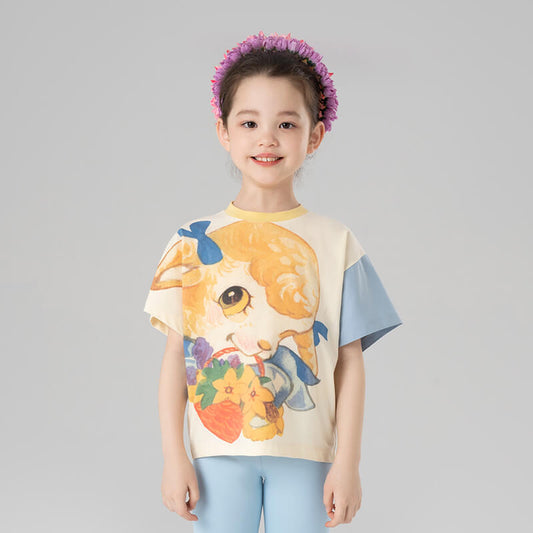 Animal Friends Statement Graphic Colorblock Tee-1-colo-Fried Beige -  NianYi, Chinese Traditional Clothing for Kids