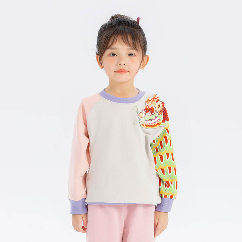 Coiling Dragon Embroidery and Printed Scales Raglan Sleeve Sweatshirt-3 -  NianYi, Chinese Traditional Clothing for Kids