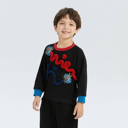 One Stroke Drawing Dragon Embroidery Color Contrast Sweatshirt-1 -  NianYi, Chinese Traditional Clothing for Kids