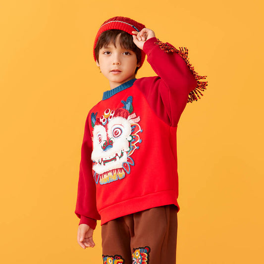 Dragon Long Dragon Head Graphic Tassel Sleeves Colorblock Raglan Sweatshirt-1 -  NianYi, Chinese Traditional Clothing for Kids