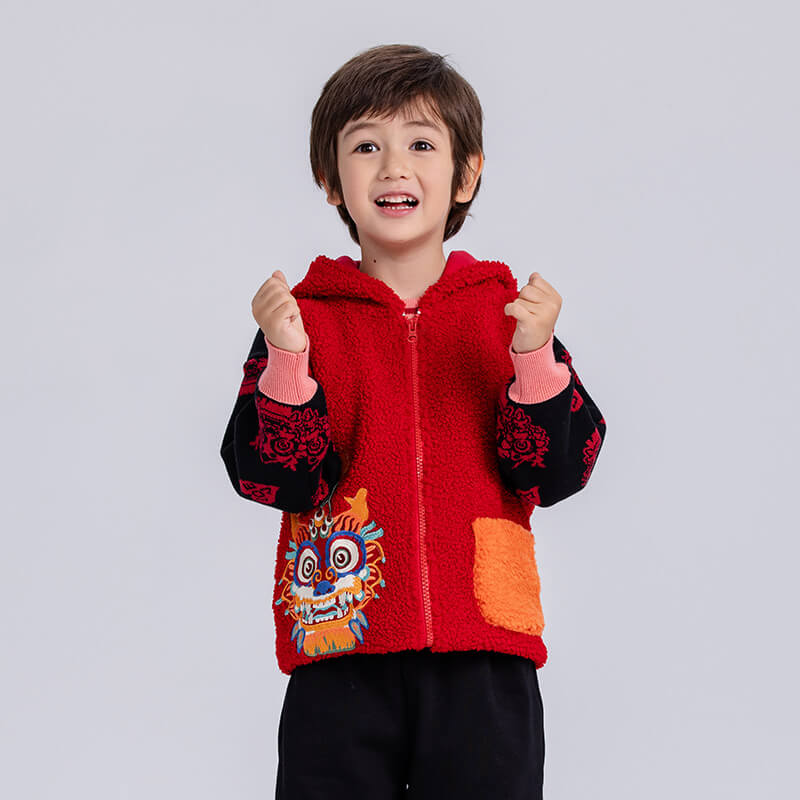 Dragon Long Faux Shepa Hooded Vest with Auspicious Dragon Embroidery-3-color-NianYi Red -  NianYi, Chinese Traditional Clothing for Kids