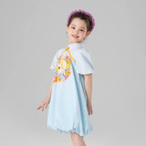 Mandarin Collar Little Lamb Print Puff Sleeves Ruched Trim Dress for Kids