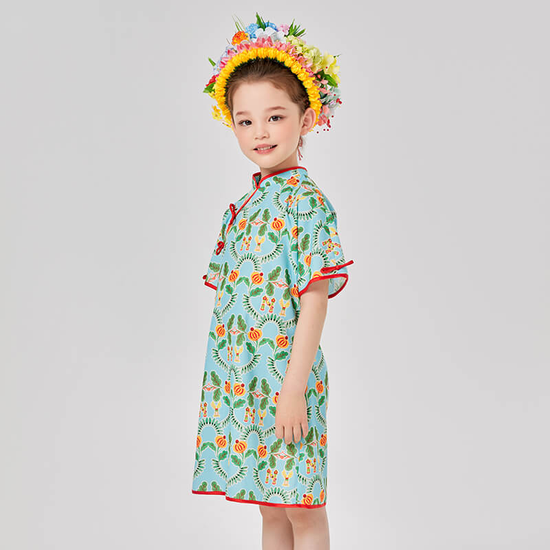 Animal Friends Multi Graphic Qipao Dress for Kids
