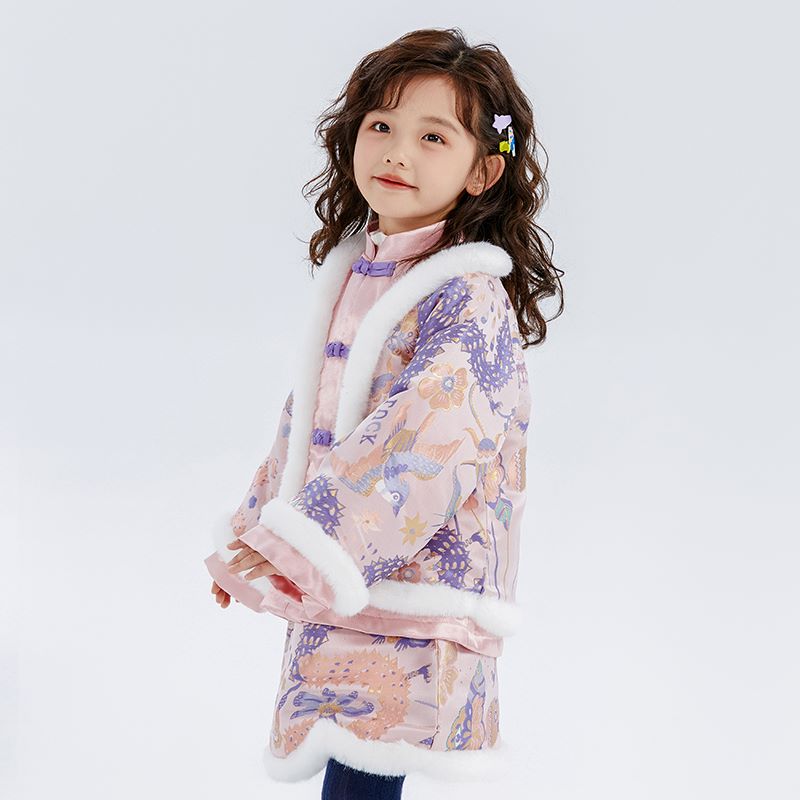 Dragon Long Fluffy Button up Fleece Qi Dress Set for Kids