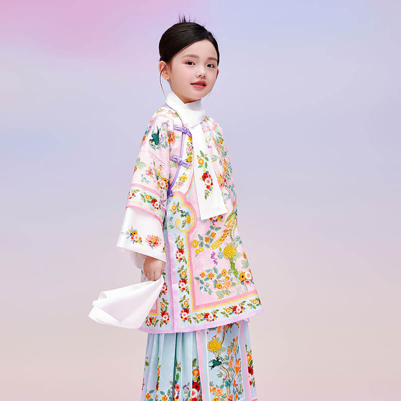 Floral Journey Bird and Flower Wide Sleeves Qi Robe-3 -  NianYi, Chinese Traditional Clothing for Kids