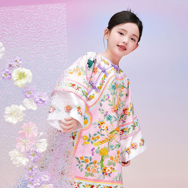Floral Journey Bird and Flower Wide Sleeves Qi Robe-4-color-Pale Crimson -  NianYi, Chinese Traditional Clothing for Kids