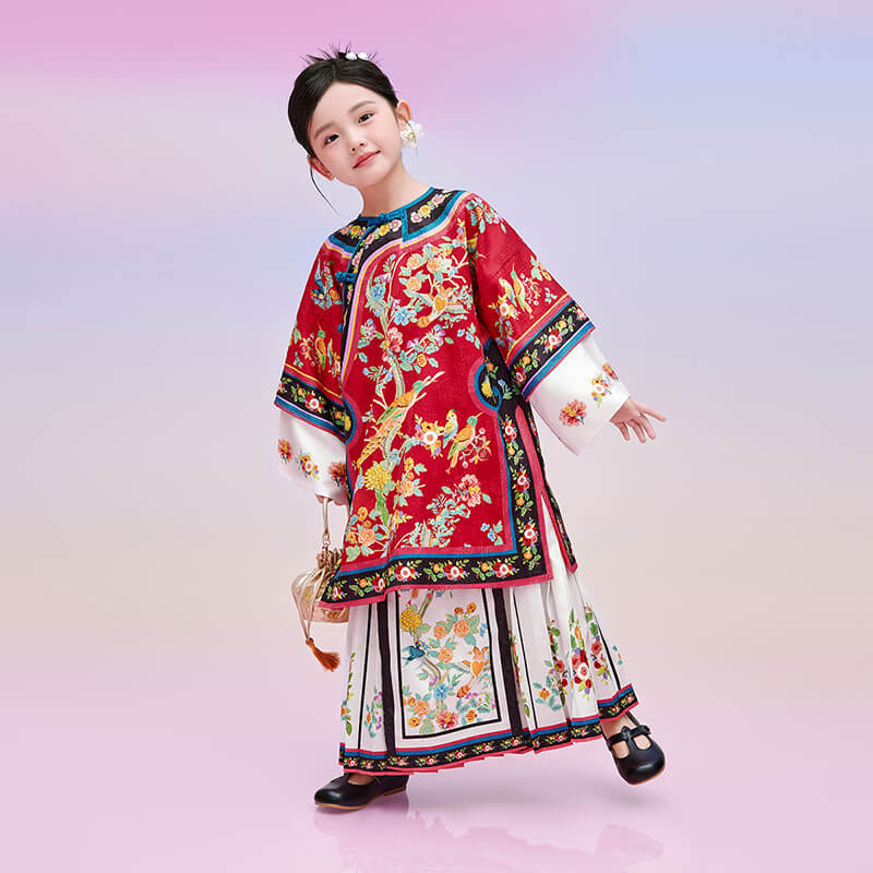 Floral Journey Bird and Flower Wide Sleeves Qi Robe-6 -  NianYi, Chinese Traditional Clothing for Kids