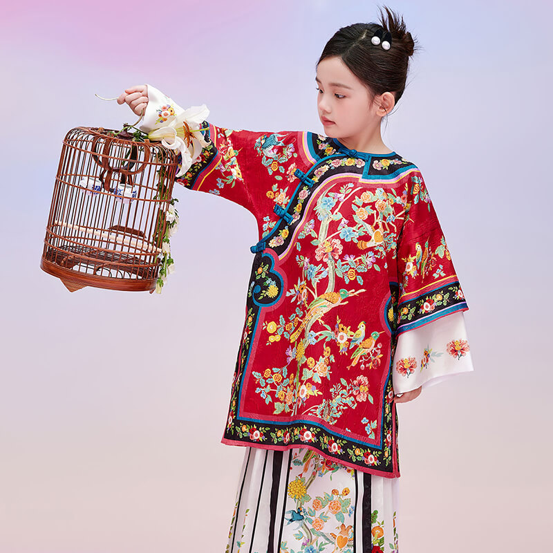 Floral Journey Bird and Flower Wide Sleeves Qi Robe-7-color-Bright Red -  NianYi, Chinese Traditional Clothing for Kids