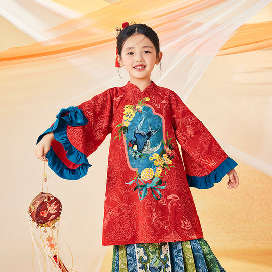 Floral Journey Swallow and Flower Flare Sleeves Dress-1 -  NianYi, Chinese Traditional Clothing for Kids