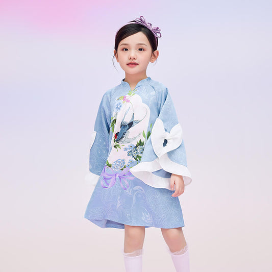 Floral Journey Swallow and Flower Flare Sleeves Dress-2 -  NianYi, Chinese Traditional Clothing for Kids