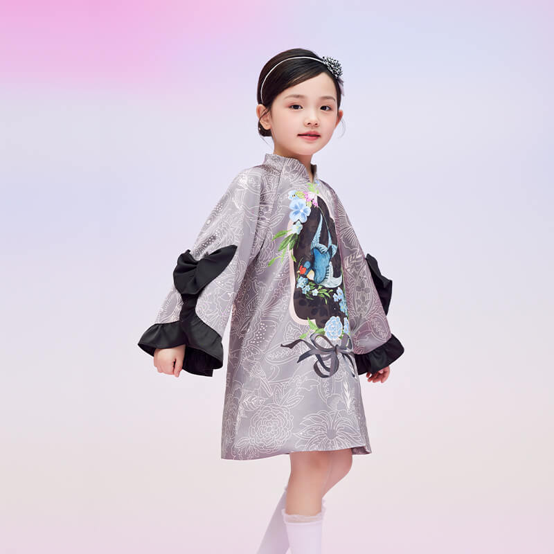 Floral Journey Swallow and Flower Flare Sleeves Dress-3-color-Night Grey -  NianYi, Chinese Traditional Clothing for Kids