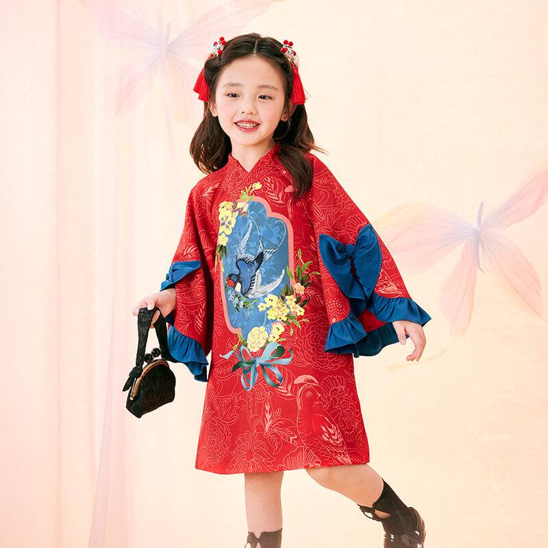 Floral Journey Swallow and Flower Flare Sleeves Dress-5-color-NianYi Red -  NianYi, Chinese Traditional Clothing for Kids