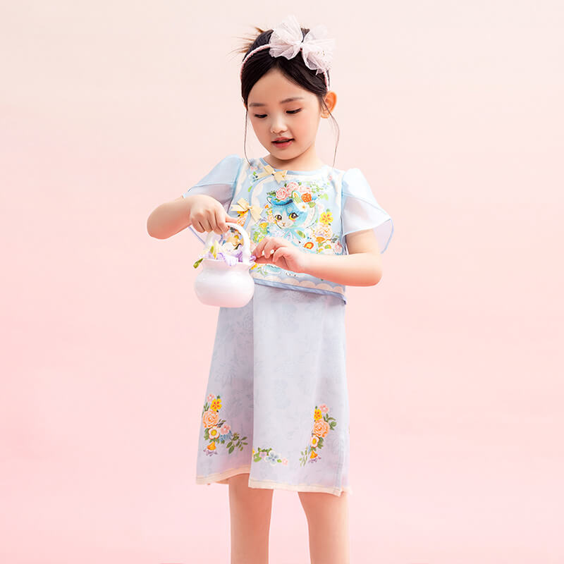 Floral Journey Animal Friend Modern Cheongsam Dress-3-color-Star Blue -  NianYi, Chinese Traditional Clothing for Kids