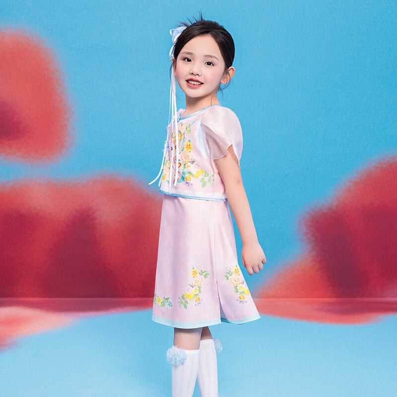 Floral Journey Animal Friend Modern Cheongsam Dress-5-color-Pale Crimson -  NianYi, Chinese Traditional Clothing for Kids