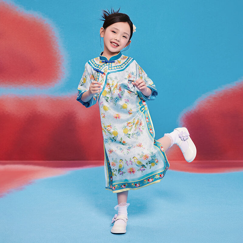 Floral Journey Elbow Sleeve Qi Robe Dress-1-color-Star Blue -  NianYi, Chinese Traditional Clothing for Kids