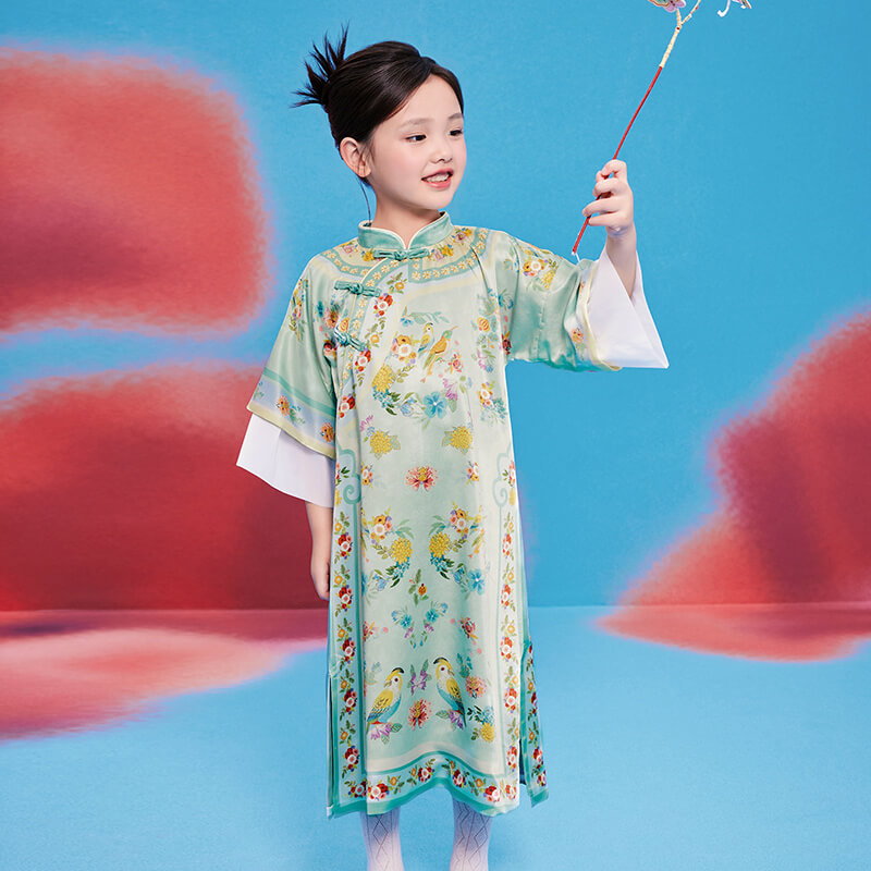 Floral Journey Elbow Sleeve Qi Robe Dress-3 -  NianYi, Chinese Traditional Clothing for Kids