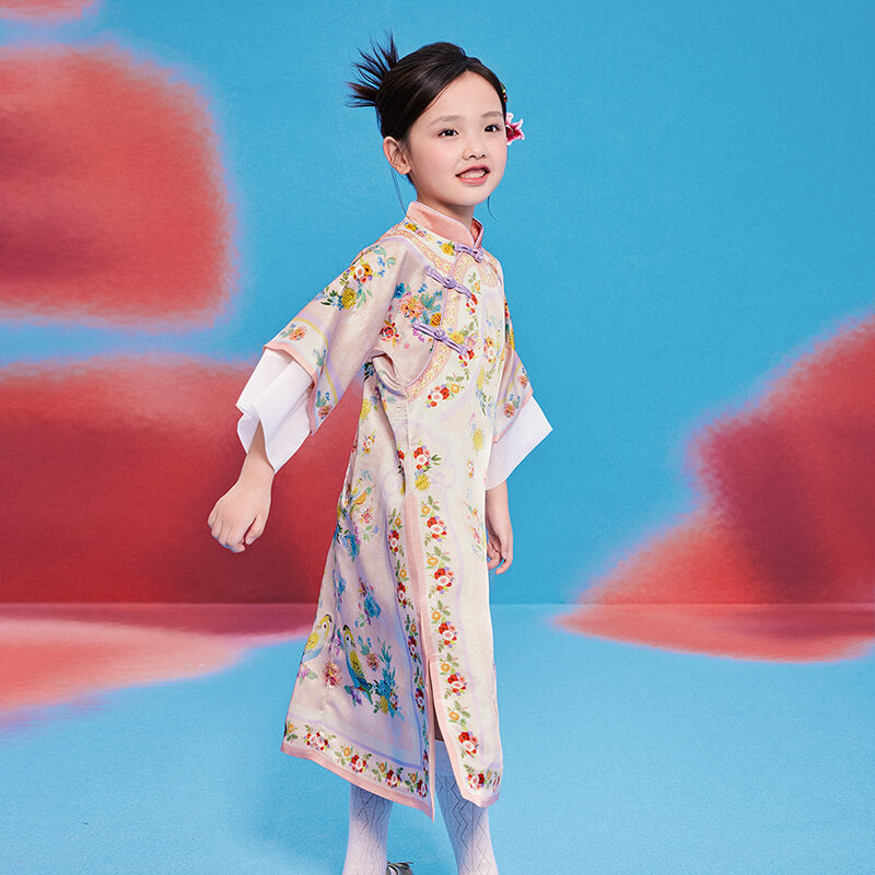 Floral Journey Elbow Sleeve Qi Robe Dress-4 -  NianYi, Chinese Traditional Clothing for Kids