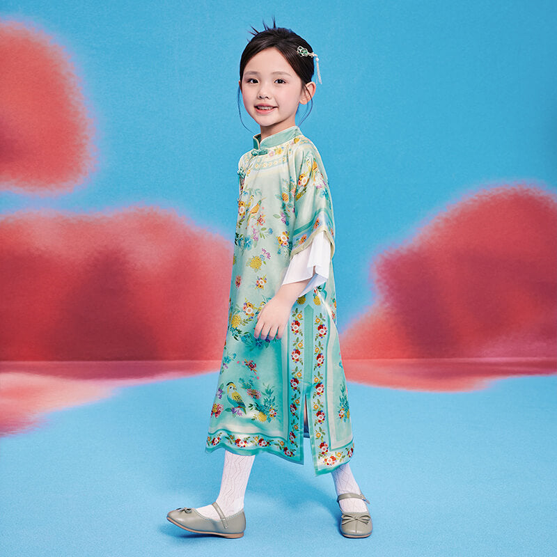 Floral Journey Elbow Sleeve Qi Robe Dress-5 -  NianYi, Chinese Traditional Clothing for Kids