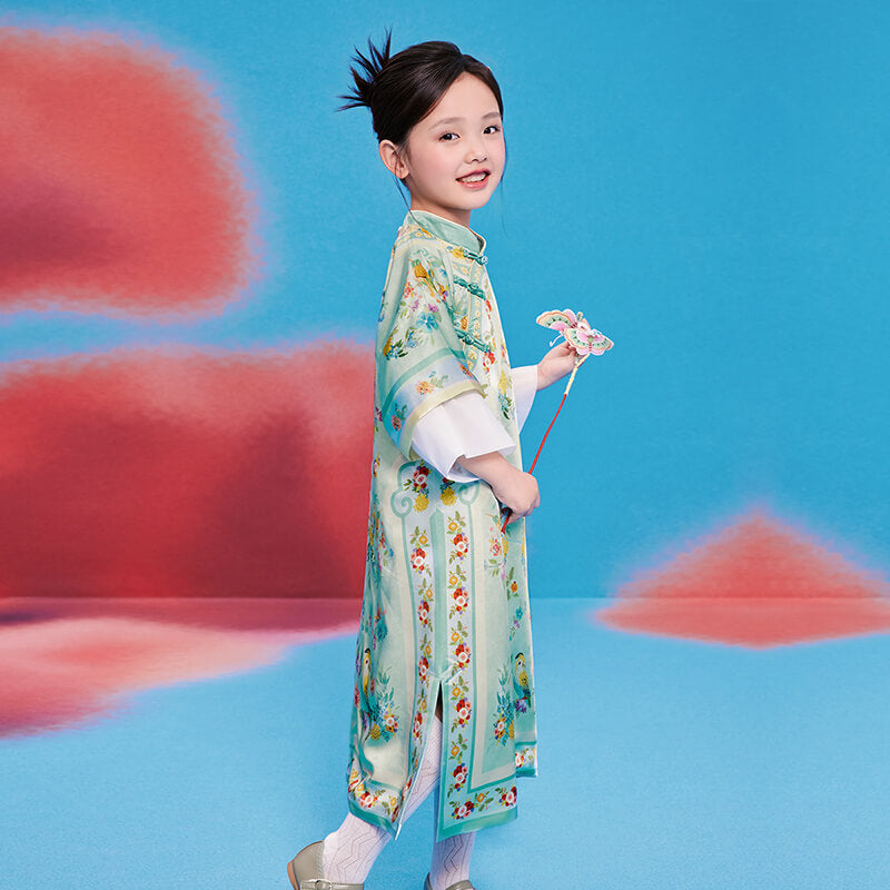 Floral Journey Elbow Sleeve Qi Robe Dress-6-color-Hosta Green -  NianYi, Chinese Traditional Clothing for Kids