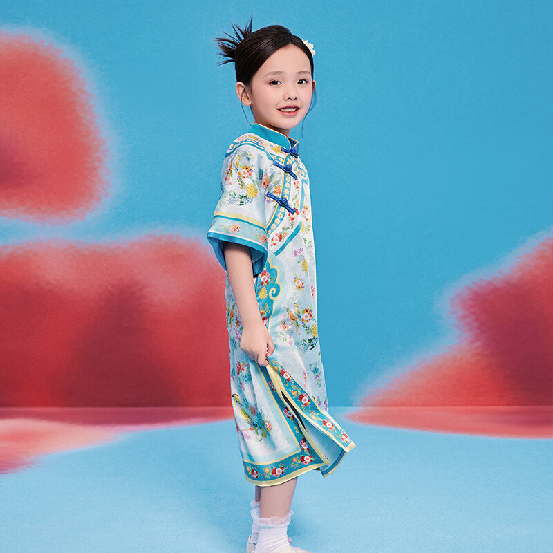 Floral Journey Elbow Sleeve Qi Robe Dress-7 -  NianYi, Chinese Traditional Clothing for Kids