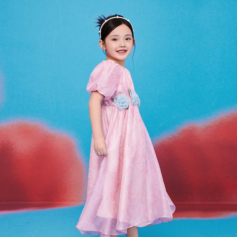 Floral Journey Petal Sleeves Layered Chiffon Dress-3-color-Peony Pink -  NianYi, Chinese Traditional Clothing for Kids