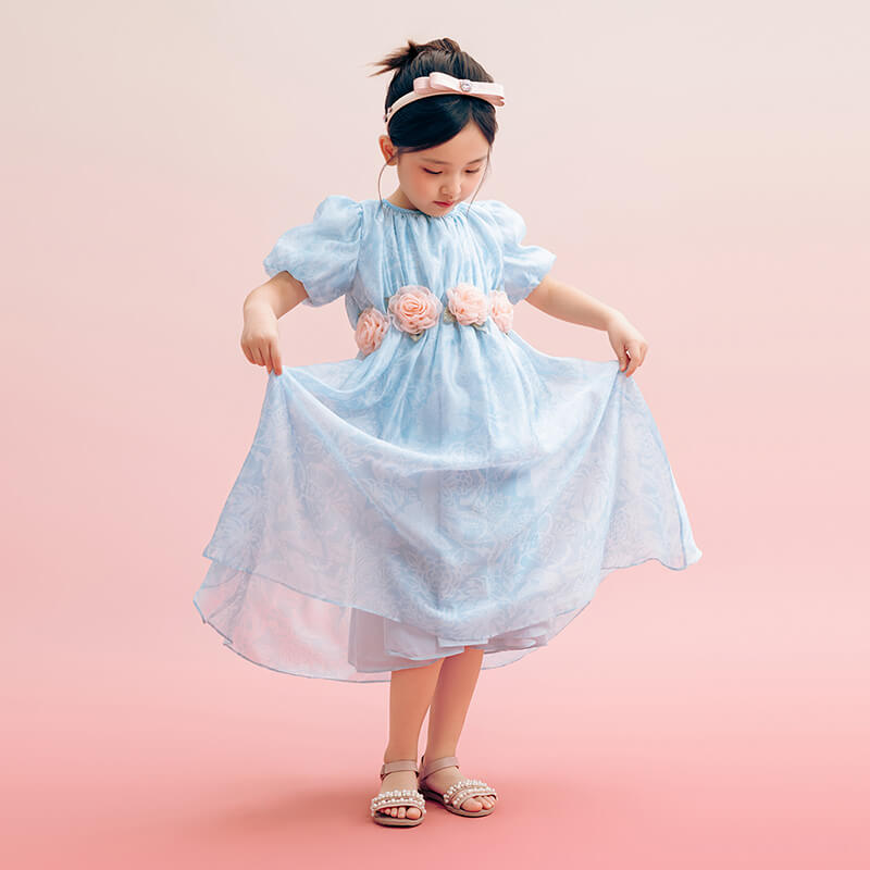 Floral Journey Petal Sleeves Layered Chiffon Dress-5-color-Star Blue -  NianYi, Chinese Traditional Clothing for Kids