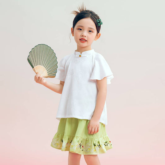 Floral Journey Mandarin Collar Jacquard Tee-1 -  NianYi, Chinese Traditional Clothing for Kids