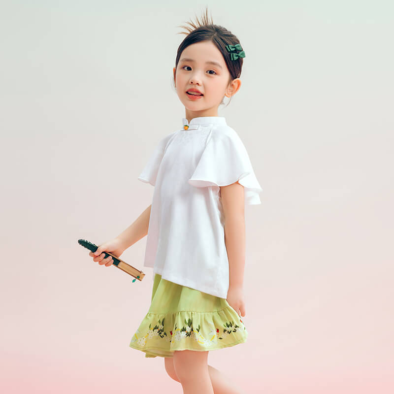 Floral Journey Mandarin Collar Jacquard Tee-3 -  NianYi, Chinese Traditional Clothing for Kids