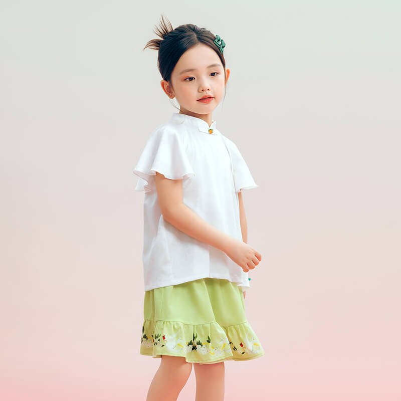 Floral Journey Mandarin Collar Jacquard Tee-4-color-White Marble -  NianYi, Chinese Traditional Clothing for Kids