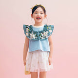 Floral Journey Raffle Trim Shirt-3-color-Vault Blue -  NianYi, Chinese Traditional Clothing for Kids