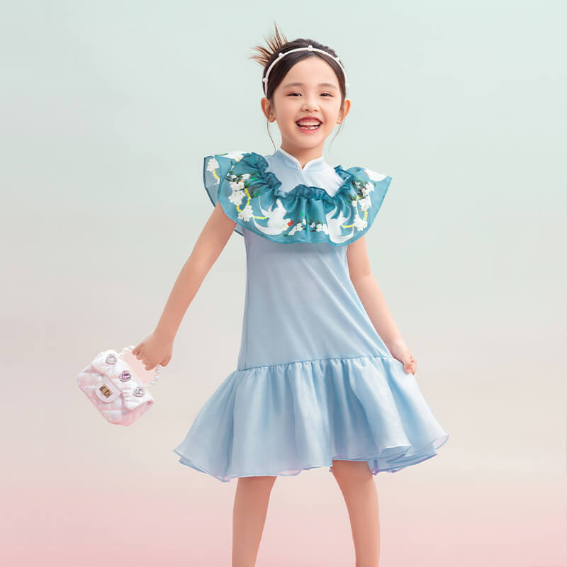 Floral Journey Raffle Trim Layered Dress-10-color-Vault Blue -  NianYi, Chinese Traditional Clothing for Kids