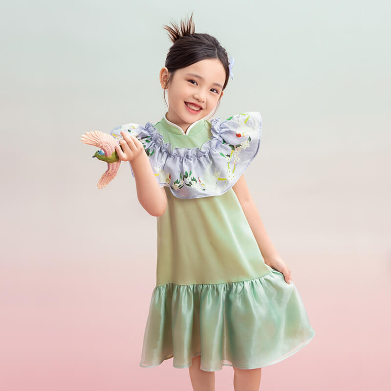 Floral Journey Raffle Trim Layered Dress-2 -  NianYi, Chinese Traditional Clothing for Kids