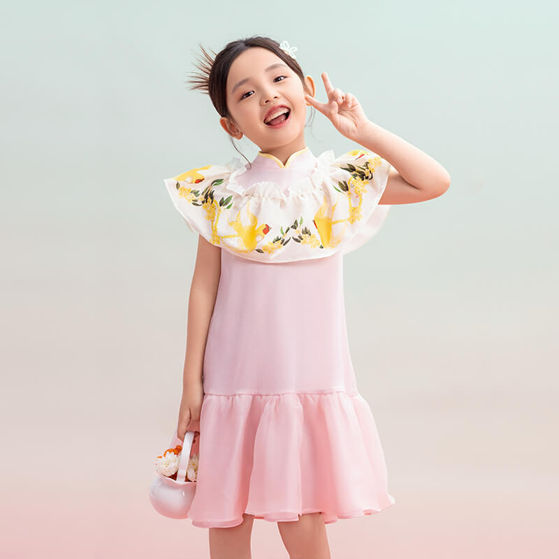 Floral Journey Raffle Trim Layered Dress-3-color-Pale Crimson -  NianYi, Chinese Traditional Clothing for Kids