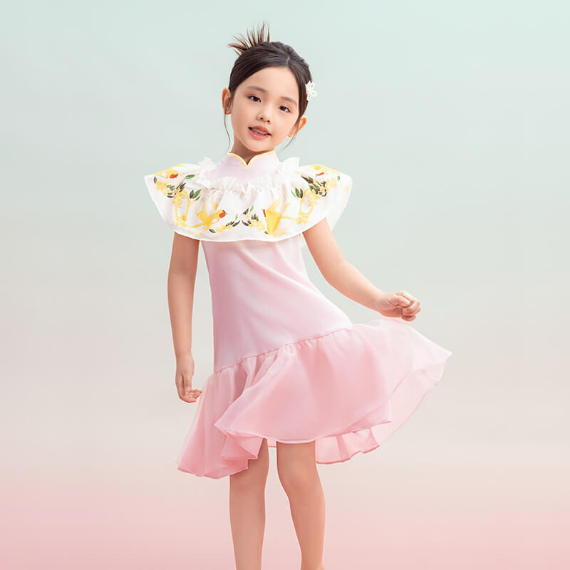 Floral Journey Raffle Trim Layered Dress-5 -  NianYi, Chinese Traditional Clothing for Kids