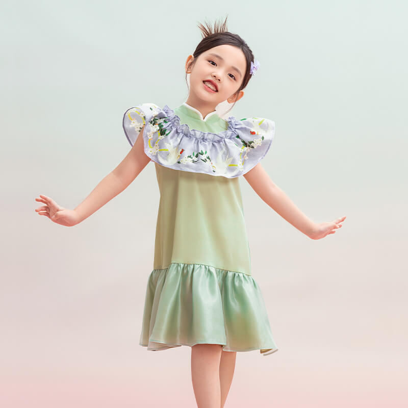 Floral Journey Raffle Trim Layered Dress-7-color-Pine Green -  NianYi, Chinese Traditional Clothing for Kids