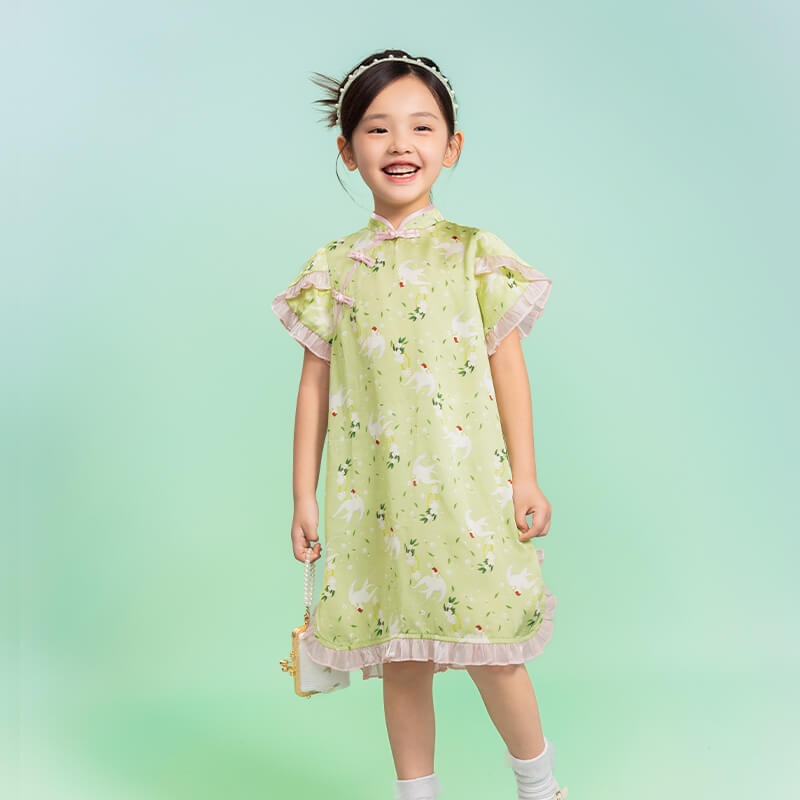 Floral Journey Bird Pattern Flare Hem Qipao Dress-1 -  NianYi, Chinese Traditional Clothing for Kids