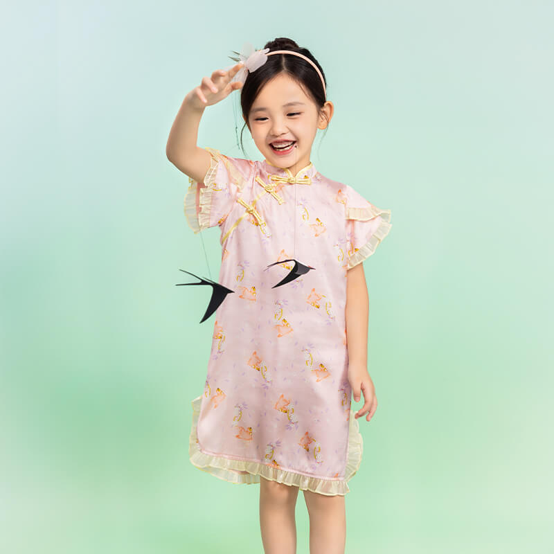 Floral Journey Bird Pattern Flare Hem Qipao Dress-3-color-Pale Crimson -  NianYi, Chinese Traditional Clothing for Kids