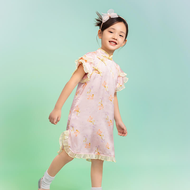 Floral Journey Bird Pattern Flare Hem Qipao Dress-4 -  NianYi, Chinese Traditional Clothing for Kids