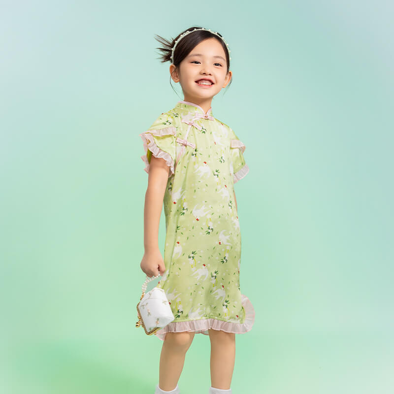 Floral Journey Bird Pattern Flare Hem Qipao Dress-5-color-Pine Green -  NianYi, Chinese Traditional Clothing for Kids