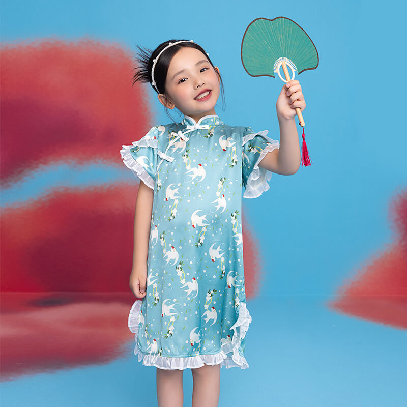 Floral Journey Bird Pattern Flare Hem Qipao Dress-7-color-Late Wave Blue -  NianYi, Chinese Traditional Clothing for Kids