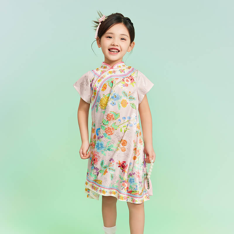 Floral Journey Garden Poem Qipao Dress-6-color-Peony Pink -  NianYi, Chinese Traditional Clothing for Kids