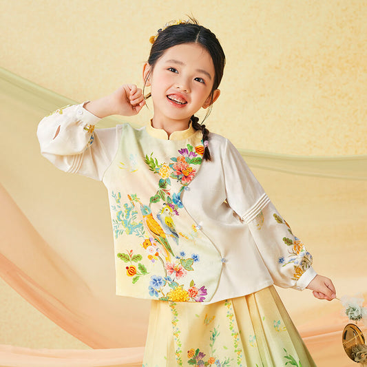 Floral Journey Garden Poem Mandarin Shirt-1-color-White Marble -  NianYi, Chinese Traditional Clothing for Kids